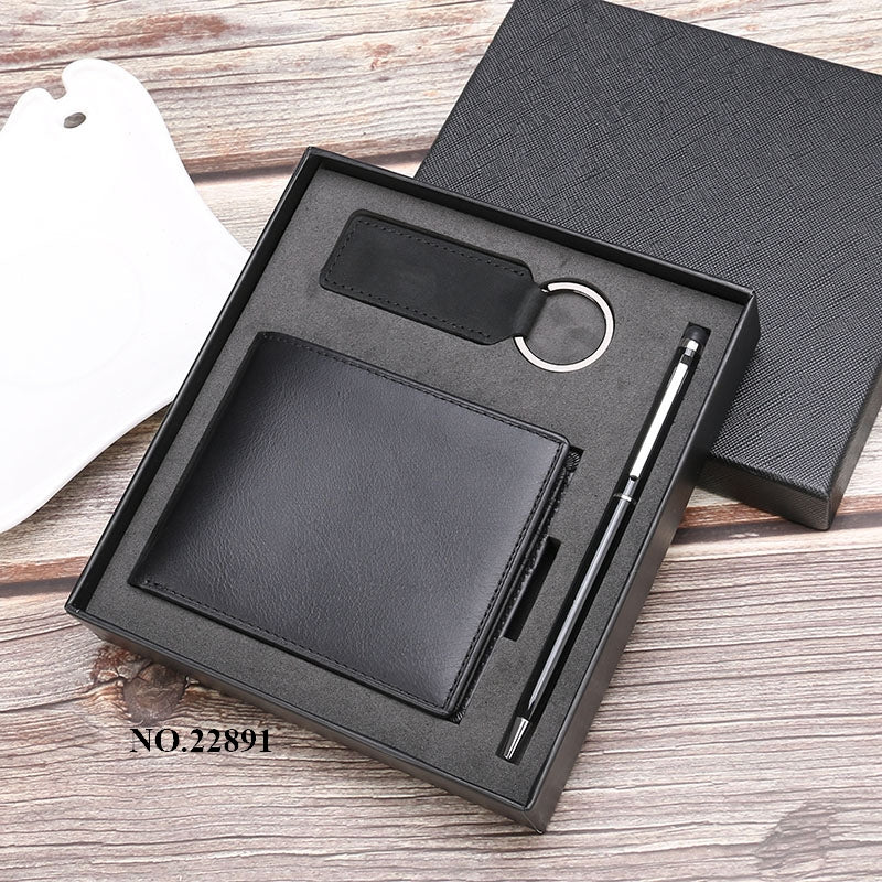 Men's Gift Set Genuine Leather Bifold Wallet with Key Chain & Ball Pen